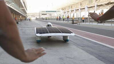 The Petroleum Institute team during the pitt stop. Abu Dhabi Solar Challenge (ADSC) the first International Solarcar Federation (ISF) sanctioned event in the Middle East marked it’s first day at Yas Marina Circuit. Mona Al Marzooqi / The National