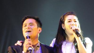 The Filipino singing stars Ogie Alcasid and Regine Velasquez during their 2010 concert in Dubai. Charles Crowell for The National / February 5, 2010