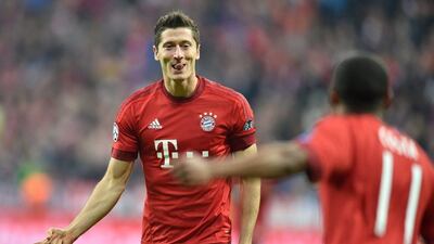Bayern Munich's Robert Lewandowski celebrates scoring their fifth goal on Tuesday night in their Champions League win over Dinamo Zagreb. Peter Kneffel / EPA / September 29, 2015