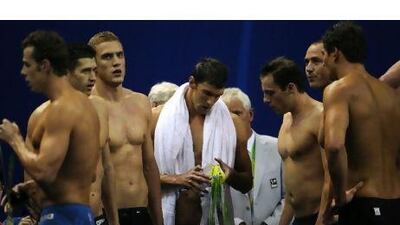 Michael Phelps, centre, and his United States teammates could only take bronze in the men's 4x100m in Shanghai yesterday.