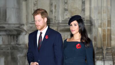 Prince Harry, Duke of Sussex and Meghan, Duchess of Sussex attend the Centenary of the Armistice Service at Westminster Abbey in London, England, in November 2018. WireImage