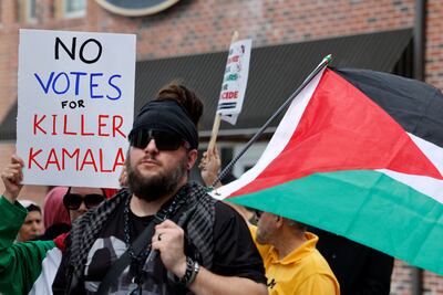 Pro-Palestinian demonstrators protesting outside of the Arab American National Museum in Dearborn, Michigan. AFP