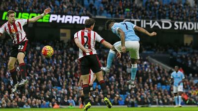 Manchester City’s Raheem Sterling heads in the opening goal on Saturday against Sunderland in the Premier League. Jason Cairnduff / Action Images / Reuters