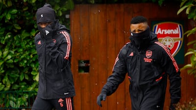 Arsenal's Thomas Partey and Gabriel Jesus during training on Wednesday. Reuters