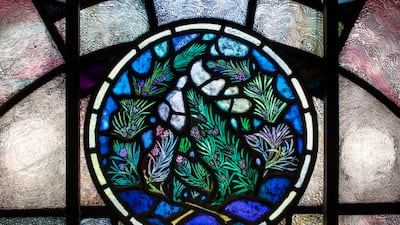 Stained glass lunette window by Veronica Whall, 1933.