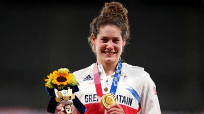 Great Britain's Kate French after winning a gold medal in the modern pentathlon, women's individual - laser run.