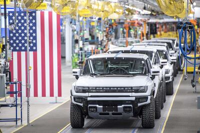 A general view of GMC Hummer EVs at General Motors' assembly plant in Detroit. Getty
