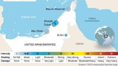 The earthquake hit at 9.44am UAE time and the impact in the UAE measured between 4 and 5 on the Mercalli intensity scale, according to the National Centre of Meteorology and Seismology.