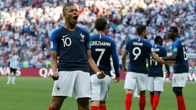 France's Kylian Mbappe celebrates after scoring against Argentina at the 2018 World Cup in Russia. AP