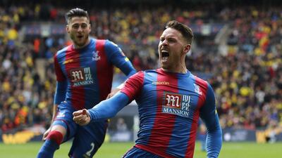 Crystal Palace forward Connor Wickham celebrates with Joel Ward after scoring the second and decisive goal. Eddie Keogh / Reuters
