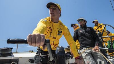 Abu Dhabi Ocean Racing crew member Luke Parkinson pictured during practice ahead of the Newport in-port race. CJ Gunther / EPA