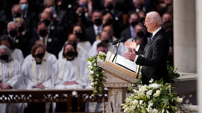 US President Joe Biden speaks during the funeral service for former secretary of state Madeleine Albright at Washington National Cathedral. AP