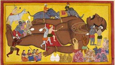Demons try to rouse Kumbhakarna, the brother of the 10-headed king Ravana - one of the images from the online Ramayana organised by the British Library. Courtesy British Library