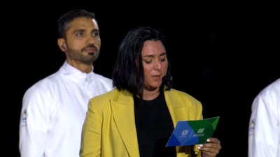 Tunisian tennis star Ons Jabeur reads out the Open Masters Games athletes' oath. Screen grab / YouTube