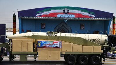 Iran's Khoramshahr missile is displayed during a military parade marking the 37th anniversary of Iraq's 1980 invasion of Iran, in front of the shrine of late revolutionary founder Ayatollah Khomeini, just outside Tehran, on September 22, 2017. Ebrahim Noroozi / AP