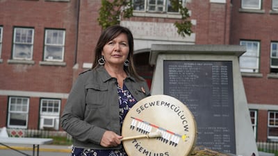 Chief Rosanne Casimir of the Tk'emlups te Secwepemc First Nation poses in front of the former Kamloops Indian Residential School in British Columbia,Canada. Willy Lowry / The National