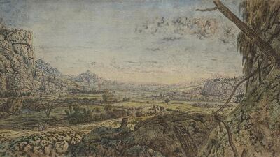 Mountain Valley with Fenced Fields by Hercules Segers, 1625-30; etching and drypoint, brush and colours. Kupferstich-Kabinett Staatliche Kunstsammlungen Dresden. Courtesy Rijksmuseum