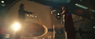 Steve Rogers, played by Chris Evans, reaches for Mjolnir as he reunites with Chris Hemsworth’s Thor in Avengers: Doomsday. Photo: Marvel Studios