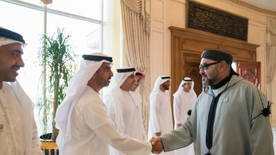 Sheikh Hamed bin Zayed, Chairman of the Crown Prince Court of Abu Dhabi and Abu Dhabi Executive Council Member, greets King Mohammed VI. Mohammed Al Hammadi / Crown Prince Court - Abu Dhabi