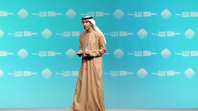 Dr Thani Ahmed Al Zeyoudi, the UAE's Minister of Climate Change and Environment speaks at the World Government Summit in Dubai. Chris Whiteoak / The National