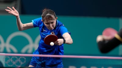 Japan's Hina Hayata plays against Egypt's Dina Meshref. AP