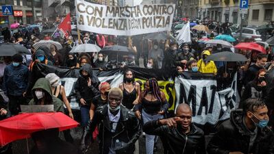 Protesters take part in a demonstration in memory of George Floyd in Piazza Duca d'Aosta, in Milan, Italy. EPA
