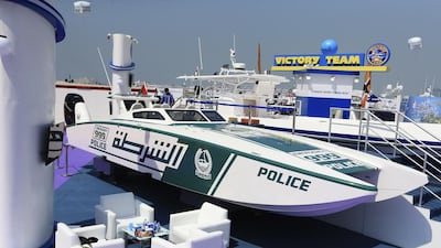 Dubai Police showcase a new police boat made by Victory Team at the 22nd Dubai International Boat Show at the Dubai International Marine Club. Sarah Dea / The National
