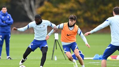 Antonio Rudiger and Kai Havertz of Chelsea during training. Getty