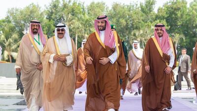 Saudi Arabia's Crown Prince Mohammed bin Salman receives Sheikh Mishal Al Sabah, Crown Prince of Kuwait, before the GCC + 3 Jeddah Security and Development Summit on Saturday. SPA