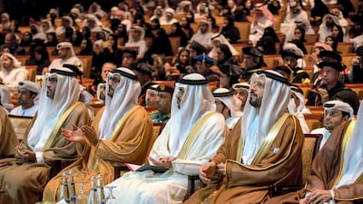 (L-R) Dr Sultan Al Jaber, Minister of State, chairman of Masdar and chief executive of Adnoc Group, Hussain Al Hammadi, Sheikh Theyab bin Mohamed and Dr Arif Al Hammadi attend the Khalifa University Graduation Ceremony, at Emirates Palace. Hamad Al Kaabi / Ministry of Presidential Affairs