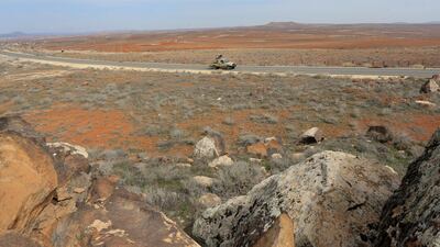 Jordanian soldiers patrol near the border with Syria, in Mafraq governorate. AP