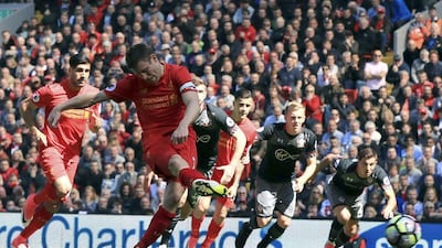 James Milner misses the penalty during Liverpool's goalless draw with Southampton on Sunday. Peter Byrne / PA