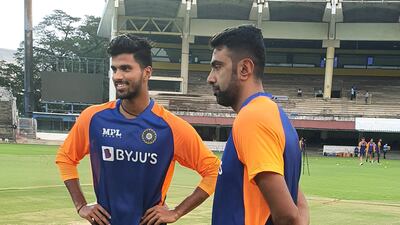 Spinners Washington Sundar, left, and Ravi Ashwin at the MA Chidambaram Stadium in Chennai on Monday. Courtesy BCCI Twitter / @BCCI