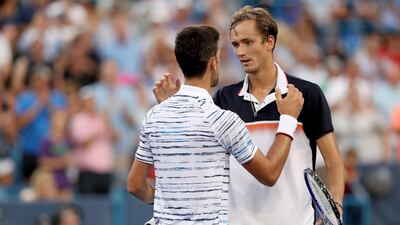 Daniil Medvedev, right, will play his second Masters final in eight days having beaten Novak Djokovic in Mason on Saturday night. Matthew Stockman / Getty Images