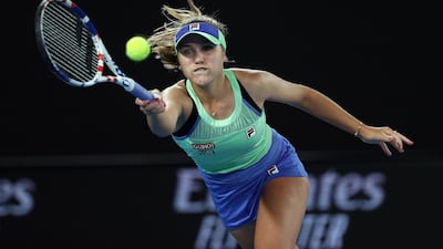 Sofia Kenin plays a forehand during her victory over Garbine Muguruza. Getty
