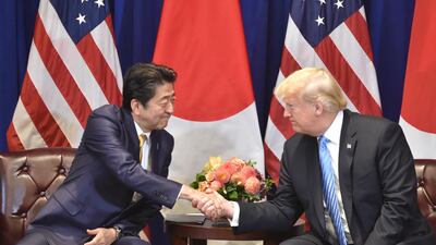 Japanese Prime Minister Shinzo Abe meets with US President Donald Trump on the sidelines of the United Nations General Assembly. AFP