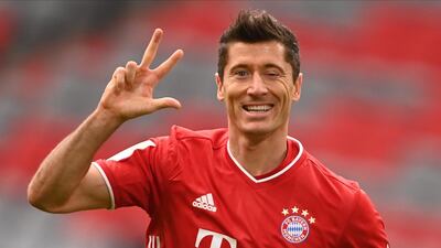 Bayern Munich's Robert Lewandowski celebrates his hat-trick against Eintracht Frankfurt. Getty