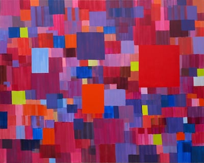 Palestinian artist Samia Halaby’s ‘The Red One’ (2018). Her approach to abstraction is to strip away detail to uncover the essential heart of her subject. Courtesy Samia Halaby