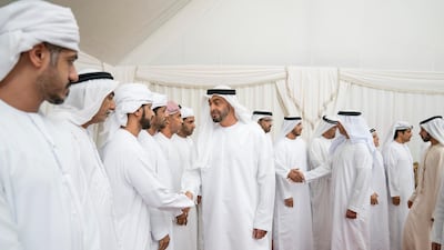 Sheikh Mohamed bin Zayed offers condolences for martyr Warrant Officer Zayed Mosalam Suhail Al Amri. Mohamed Al Hammadi / Ministry of Presidential Affairs