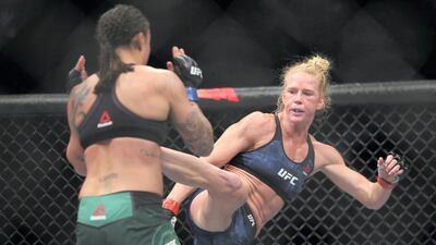 Holly Holm moves in for a kick as Raquel Pennington defends during UFC 246 at T-Mobile Arena, Las Vegas on January 18, 2020. USA TODAY Sports / Reuters