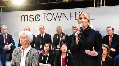 Ivanka Trump stands next to Christine Lagarde as she addresses the audience. AP Photo