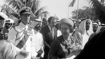 The Queen and her husband enjoy a tour of Abu Dhabi in February 1979. Getty