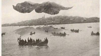 Mehreen Murtaza's artwork of rowboats with passengers heading to Jaffa. Courtesy Mehreen Murtaza / Grey Noise