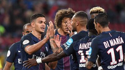 Paris Saint-Germain’s French midfielder Hatem Ben Arfa (2L) celebrates with teammates scoring during the Trophee des Champions ‘super cup’ match between PSG and Lyon in Klagenfurt, Austria, on August 6, 2016. Boris Horvat / AFP