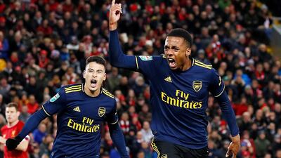 Arsenal's Joe Willock celebrates scoring their fifth goal. Reuters
