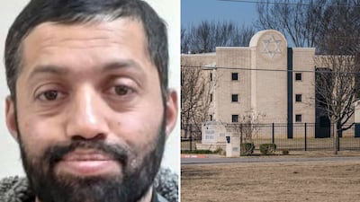 Malik Faisal Akram, left, and the Congregation Beth Israel Synagogue in Colleyville. Photo: Handout / Getty Images