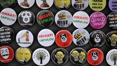 Button badges for the Gezi Park protests, July 2013. Ozan Kose / AFP.