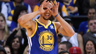 Golden State Warriors guard Stephen Curry celebrates after a basket during the second quarter against the Detroit Pistons at Oracle Arena. Kyle Terada / USA TODAY Sports
