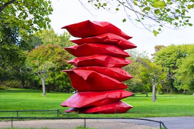 'Red Stack' by Shaikha Al Mazrou, 2022, is part of Frieze Sculpture in Regent's Park, London. Photo: Frieze