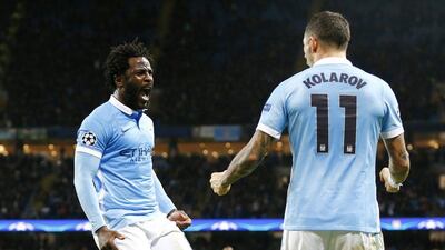 Manchester City’s Wilfried Bony celebrates after scoring their fourth goal in a 4-2 Champions League win on Tuesday over Borussia Monchengladbach. Darren Staples / Reuters